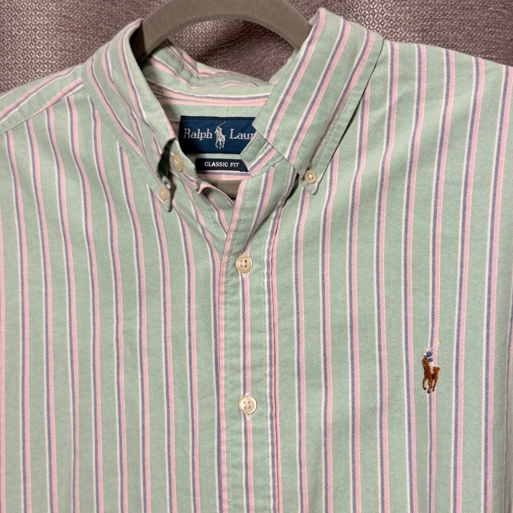 Ralph Lauren Button Down Mens XL Green Pink Striped Classic Fit Multi-color pony